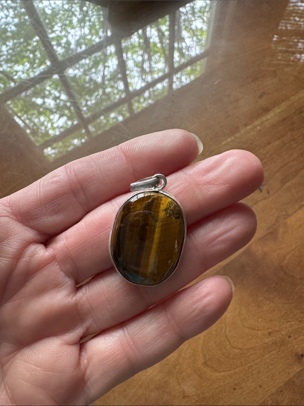 Sterling Silver Tiger's Eye Oval Pendant - Brown Gemstone